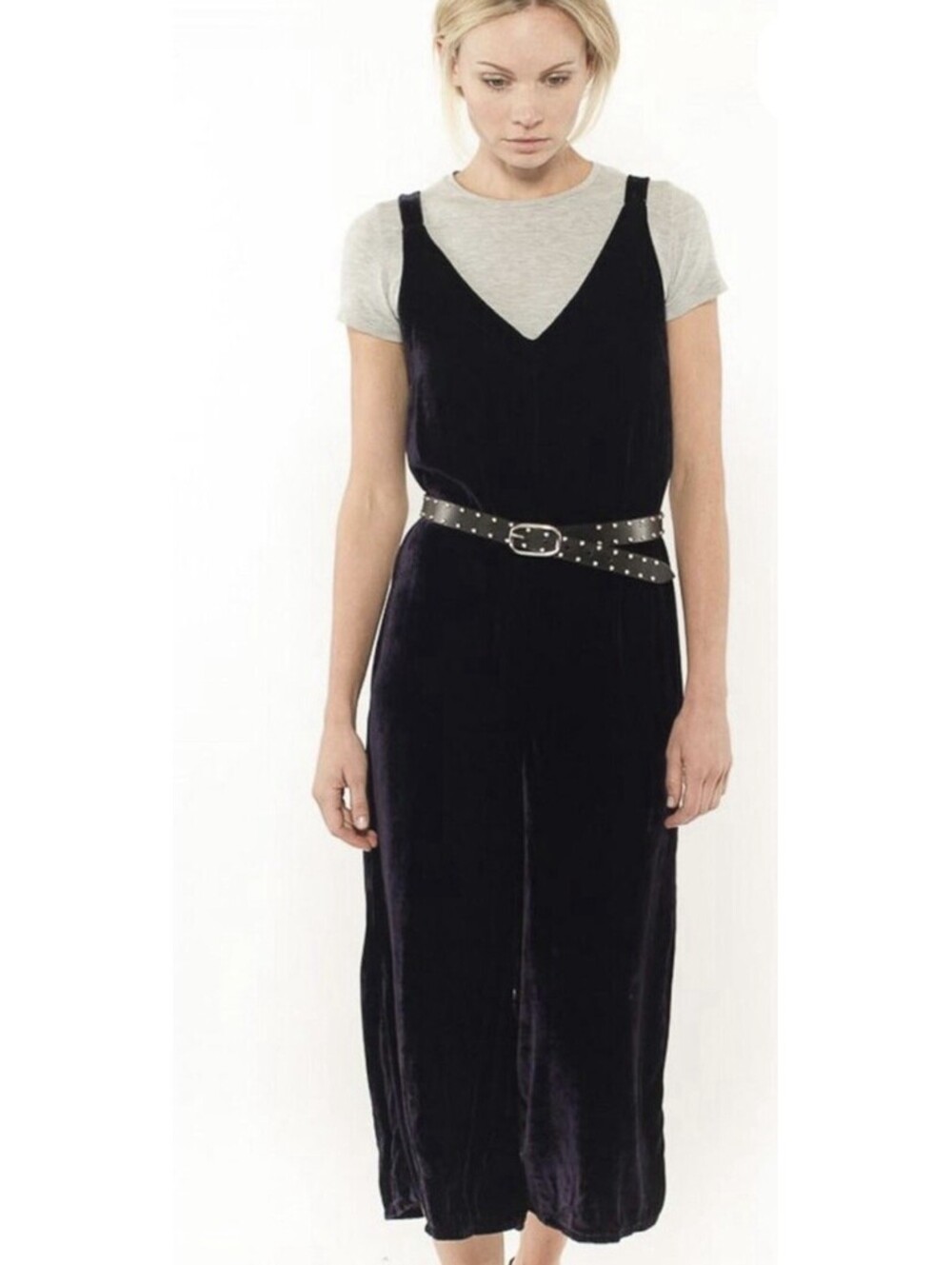 LACAUSA Black Velvet Santi Jumpsuit Small Rayon Silk V-Neck Wide Leg LA20067